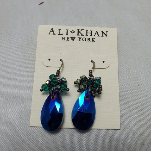 Ali Khan blue cluster stone silver fish hook dangle earring - Picture 2 of 4